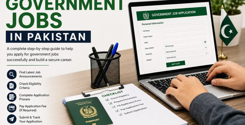 A person applying online for government jobs in Pakistan using a laptop with application form, documents, and a Pakistan flag.