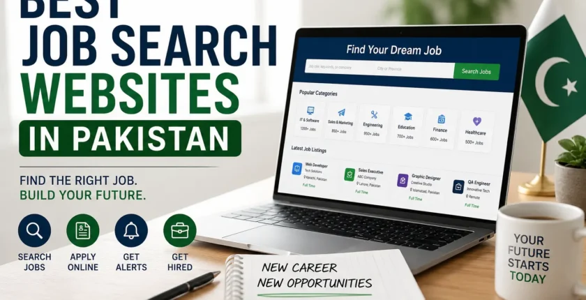 Laptop displaying online job search websites in Pakistan with career icons and Pakistani flag, representing the best platforms to find jobs in 2026.