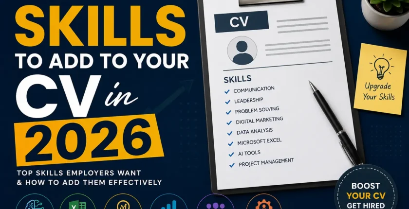 Featured image showing the best skills to add to your CV in 2026, including AI tools, Microsoft Excel, SEO, data analysis, communication, leadership, and problem-solving for job seekers.
