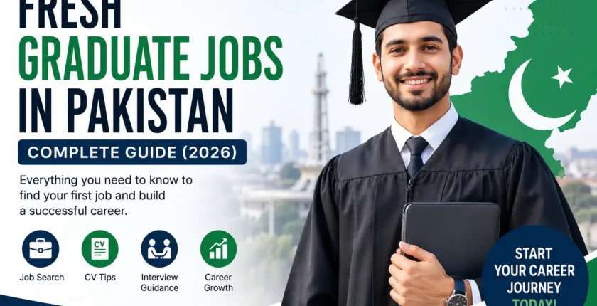 Fresh graduate jobs in Pakistan guide showing a university graduate with career tips, job search, CV writing, interview preparation, and career growth opportunities.