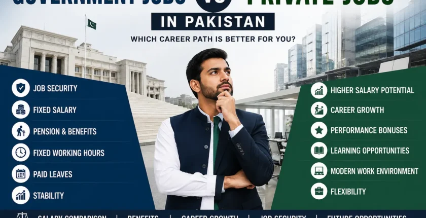 Professional comparison between government jobs and private jobs in Pakistan showing career benefits, salary, job security, and growth opportunities.