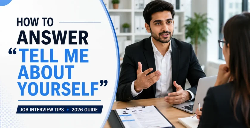 Professional job interview where a candidate answers the "Tell Me About Yourself" interview question during an interview.