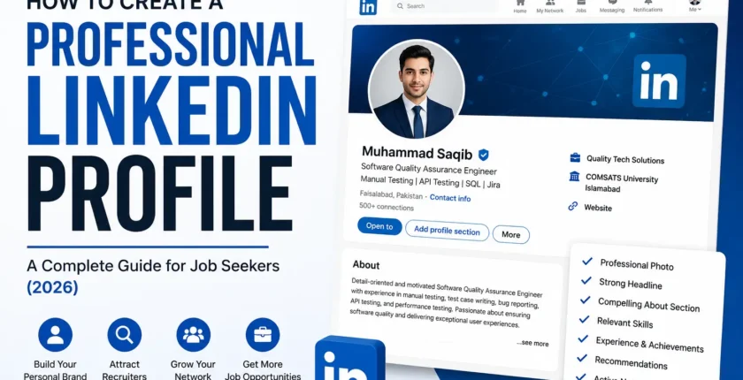 Professional LinkedIn profile guide showing an optimized LinkedIn profile with tips to attract recruiters and improve job opportunities in 2026.