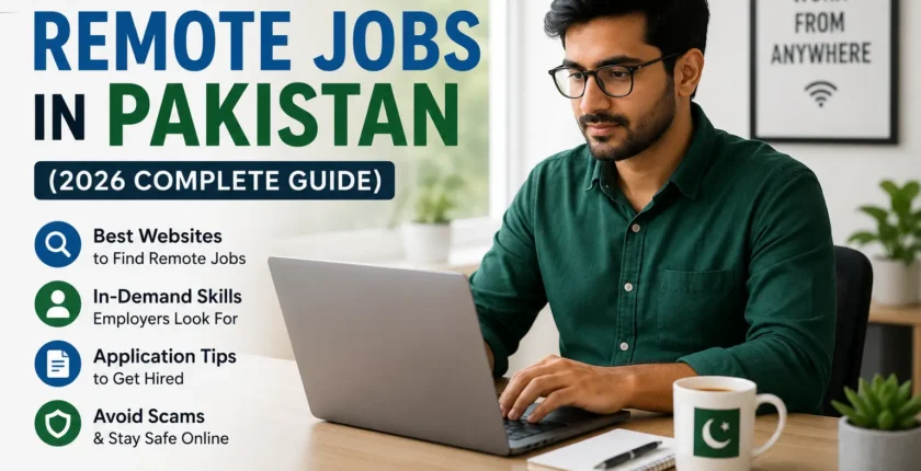 Professional working remotely from home in Pakistan using a laptop to search and apply for remote jobs.