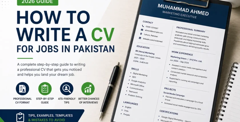 Professional CV writing guide for jobs in Pakistan in 2026 showing a modern resume format and career tips.