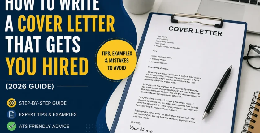 Professional cover letter template on a clipboard beside a laptop illustrating how to write a cover letter that gets you hired in 2026.