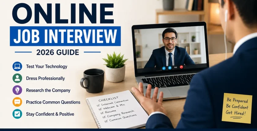 Professional attending an online job interview on a laptop with tips for preparing for a virtual interview in 2026.
