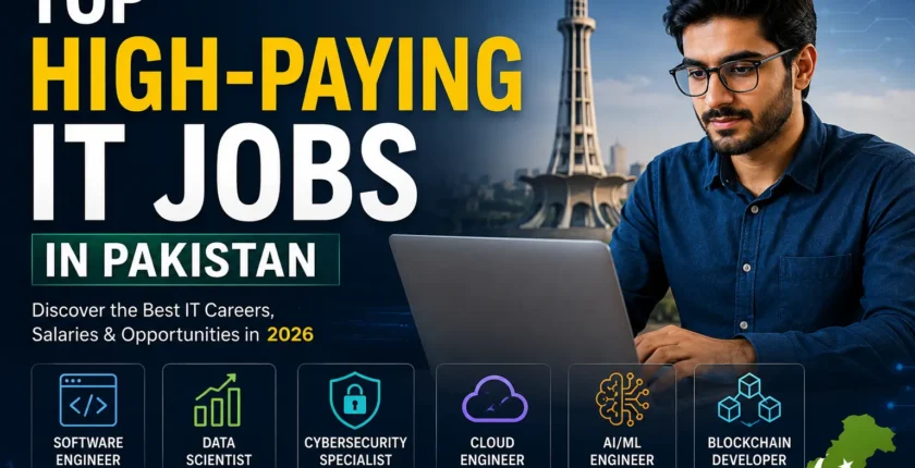Top High-Paying IT Jobs in Pakistan featuring software engineering, AI, cybersecurity, cloud computing, data science, and blockchain career opportunities in 2026.