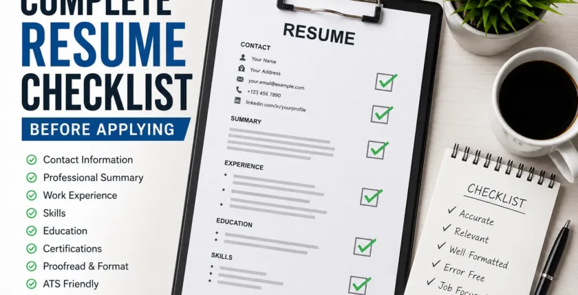 Complete resume checklist before applying for a job, including contact information, work experience, skills, education, certifications, ATS-friendly formatting, and proofreading.