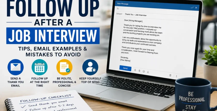 How to Follow Up After a Job Interview – professional candidate sending a thank-you email after a job interview with follow-up tips, email checklist, and career guidance.