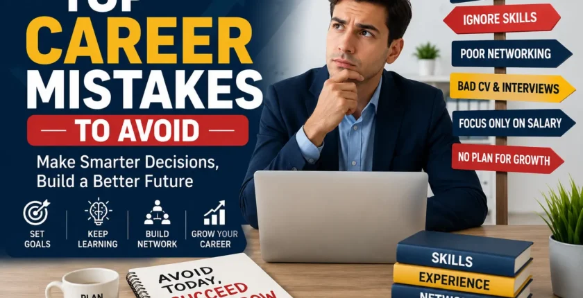 Top career mistakes to avoid in 2026, featuring a professional working on a laptop with signs highlighting poor networking, ignoring skills, unclear goals, bad CV and interview preparation, focusing only on salary, and lack of career growth.